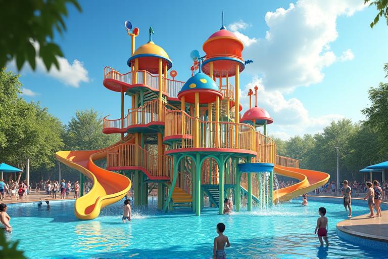 Large, multi-level aquatic play structure in a vibrant park setting, featuring slides, climbing nets, and various water spray elements, bustling with children